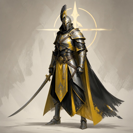 assassin, long curved sword, crested helmet, armor colors black yellow grey silver gold, luminous lord