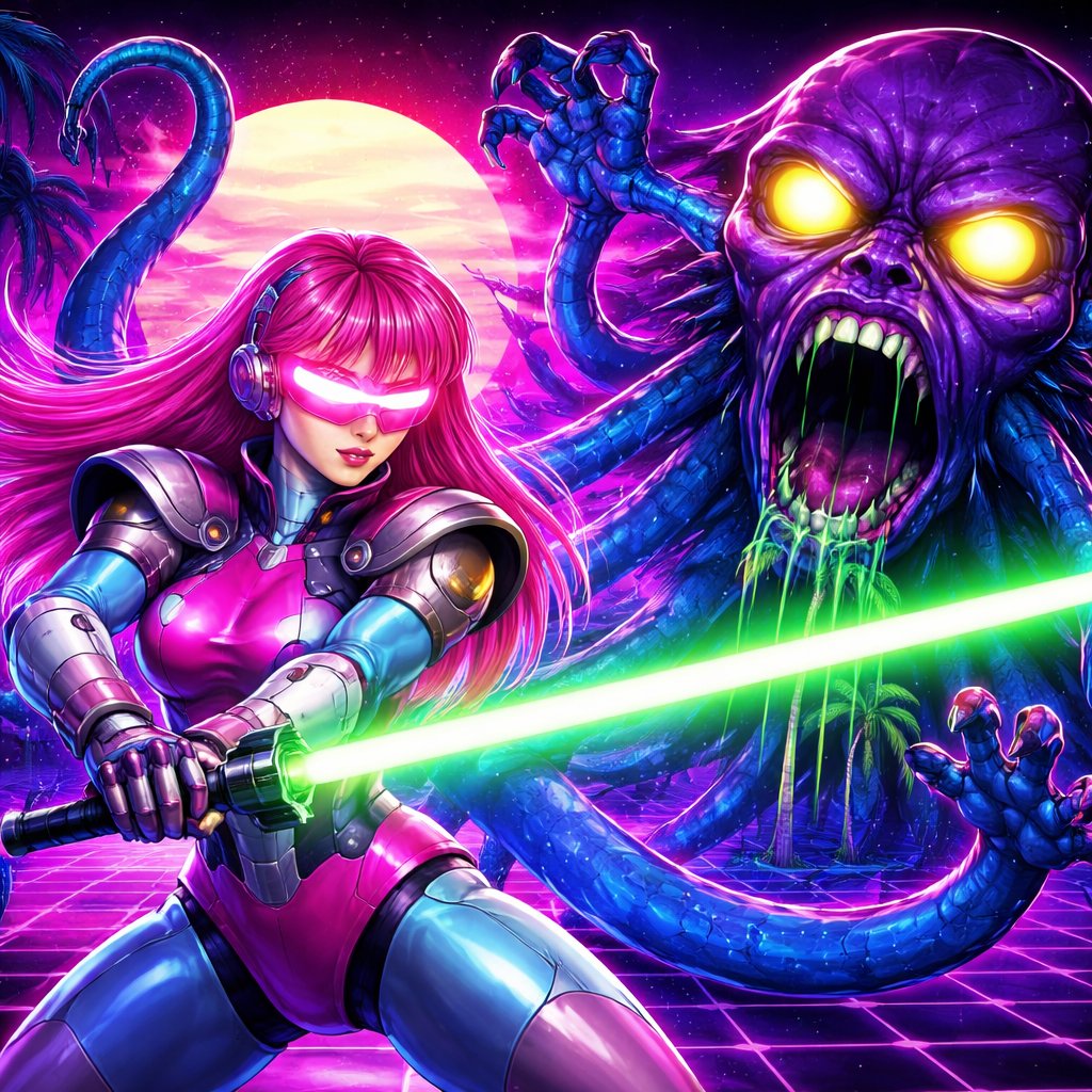 A female robot red hair pink visor pink and blue uniform with silver shoulder pads holding a lightsaber green blade she is fighting a head hair with eyes tentacles with fingers