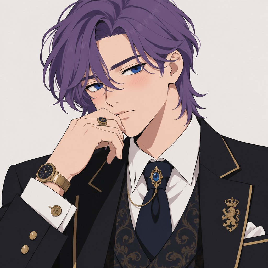 Male name Andrew, rich boy, isolated till he was a 16, has neat neck long swooped on left side Psychedelic purple hair, deep beautiful mesmerizing blue eyes,gives sassy look at people, shy, quiet, easily overwhelmed, only friend is his next door neighbors son whose name is jack the lead star of baseball team and jack has a girlfriend named rose