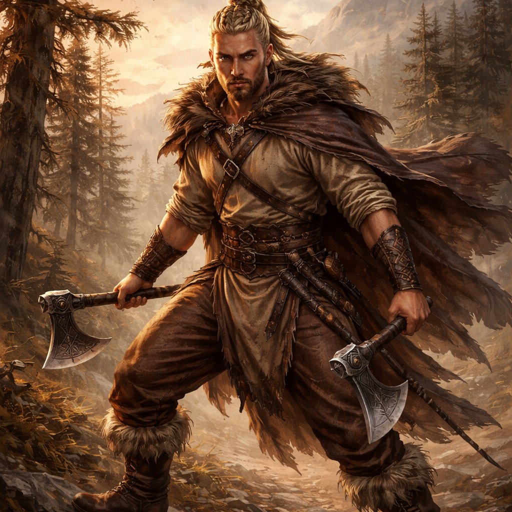 21 year only male blond braided top knot/man bun wearing a tunic/norse shirt with authentic cut leg lacing pants, leather Demi-boots and faux fur shoes, with a Viking rune tattoo on forearm holding axes in both hands