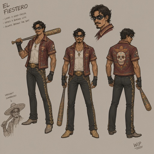Male superVillian, fiesta, eye mask, gang member, uses a bat, wip, multiple of the same character 