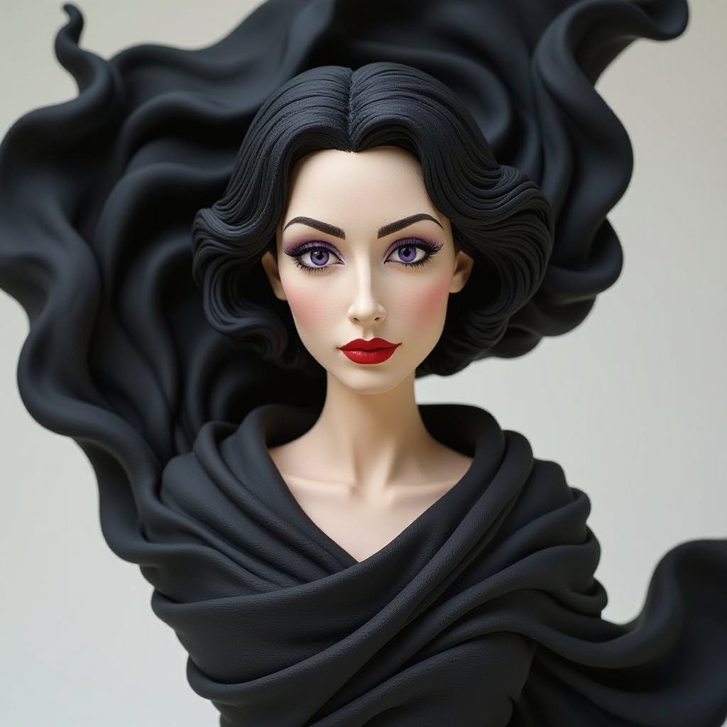 Create A lithe, mysterious woman draped in layered black silks that move like smoke around her. Her jet-black hair is cut sharp to her jawline, and her violet eyes seem to pierce through darkness.