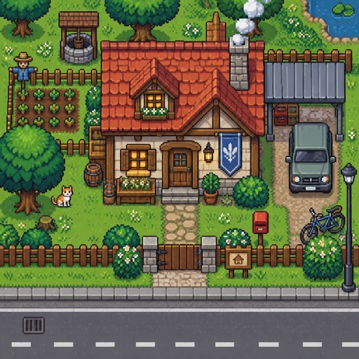 Village Small house unique for a fantasy game set in modern times, exterior, top down style, shading and highlights