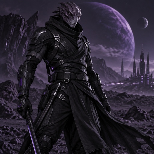 A alien beast in a futuristic black ninja Assassin space suite. On a dark purple planet background 