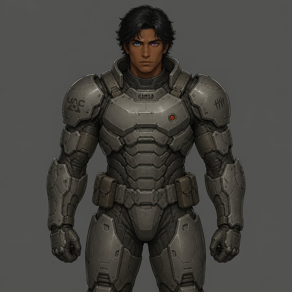 brown skinned young man with medium black hair with heterochromia blue right eye and violet left eye wearing grey doom slayer armor