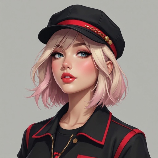 blonde and pink hair in a Bob oCutiefly wearing a stylish black cap with red band and small red stripes  she wears a matching black and red Vest
