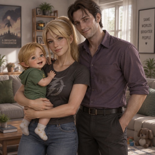 Samus Aran holding link from legends of Zelda as a baby William afton from five nights at Freddy’s standing next to them hand on Samus’s shoulder, all are wearing modern clothes, happy, house interior 
