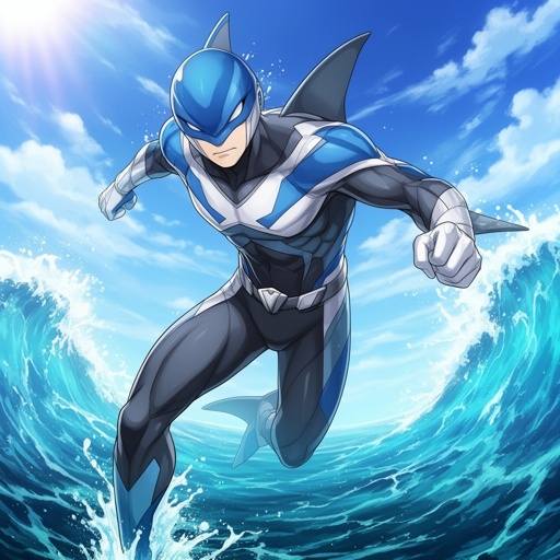  Can you make a non inappropriate picture of a superhero who is named hydroshark. Make her costume blue, white, and gray and make the ocean the background