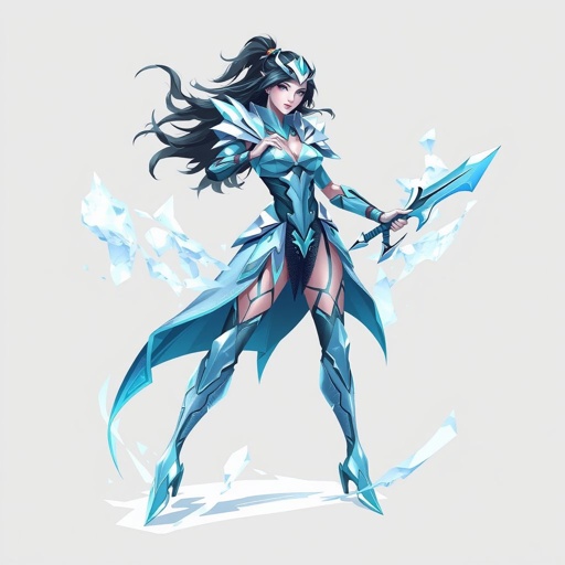 Create a battle woman hero called Alvara the Frostheart. Show full body head to toe including shoes