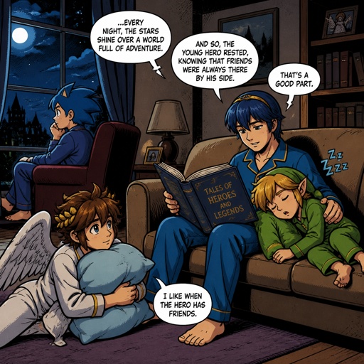 Super smash brothers young link from legend of Zelda, pit from kid Icarus, Marth from fire emblem, sonic the hedgehog as a human It's night time all are in the living room marth is reading a bed time story to the rest, young link is falling asleep leaning on Marth, pit is on the floor hugging a pillow looking at marth intrigued by the story Sonic is on a chair with his one leg over the other listening and staring out the window all are wearing pjs