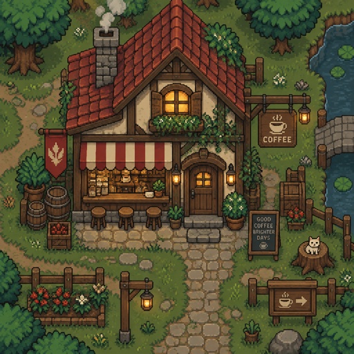 Coffee shop/house for a modern fantasy game, top down style