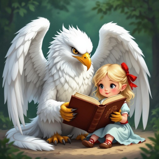 A white feathered griffin reading with a small blonde girl