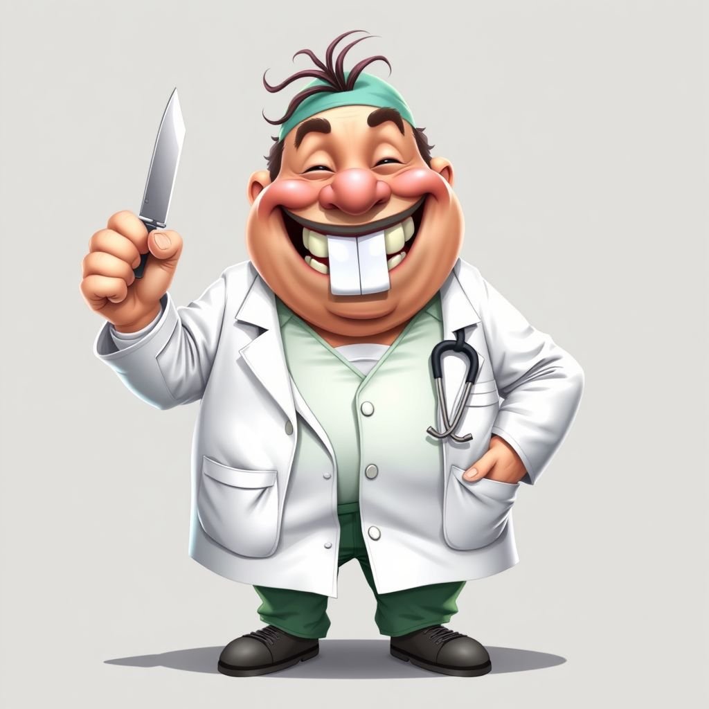 .. create a fat doctor. Who is funny human looking from head to toe. And he always immediately results to surgery for anything even small things. So please be sure to show his whole outfit head to toe. Make him have 1 tooth. Make it more adult humor instead of cartoon humor.