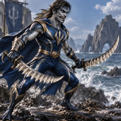a man in a costume with a sword on a rocky beach