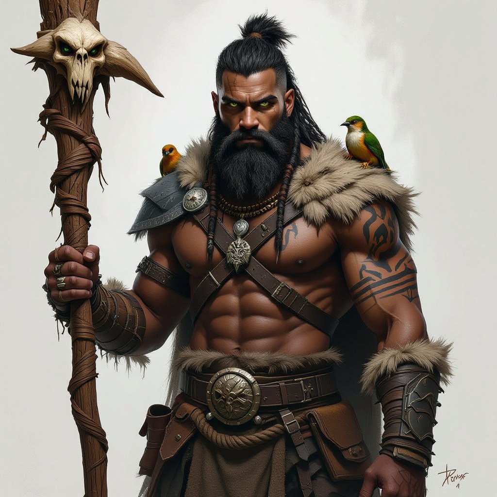 Kael the Beastbound – A rugged, broad-shouldered man with black skin and a rough beard, wearing armor made from bone and leather. deep green eyes tattoos of animal tracks spiral down his arms. He carries a massive wooden staff carved with the shapes of beasts, and small creatures often perch on his shoulders or follow at his feet.