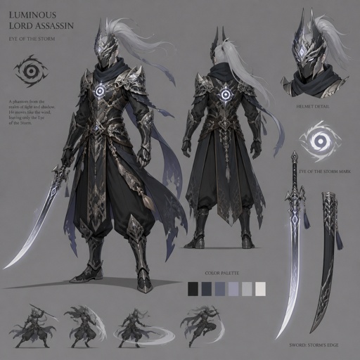 assassin, long curved sword, crested helmet, dark silver armor, luminous lord, baggy pants, eye of the storm mark, silver hair