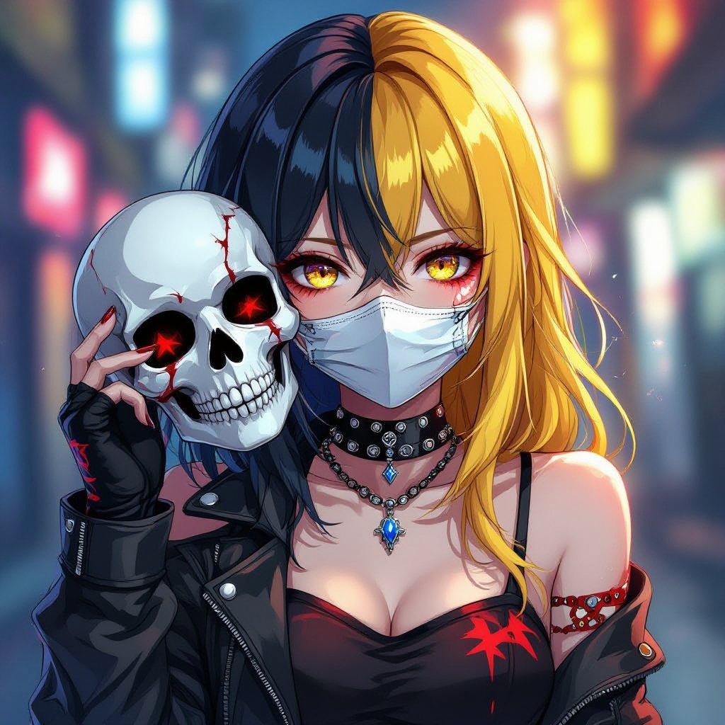 Rockstar girl with skull mask thats whits half way off her face black suductive eyes and a yellow red and blue theme
