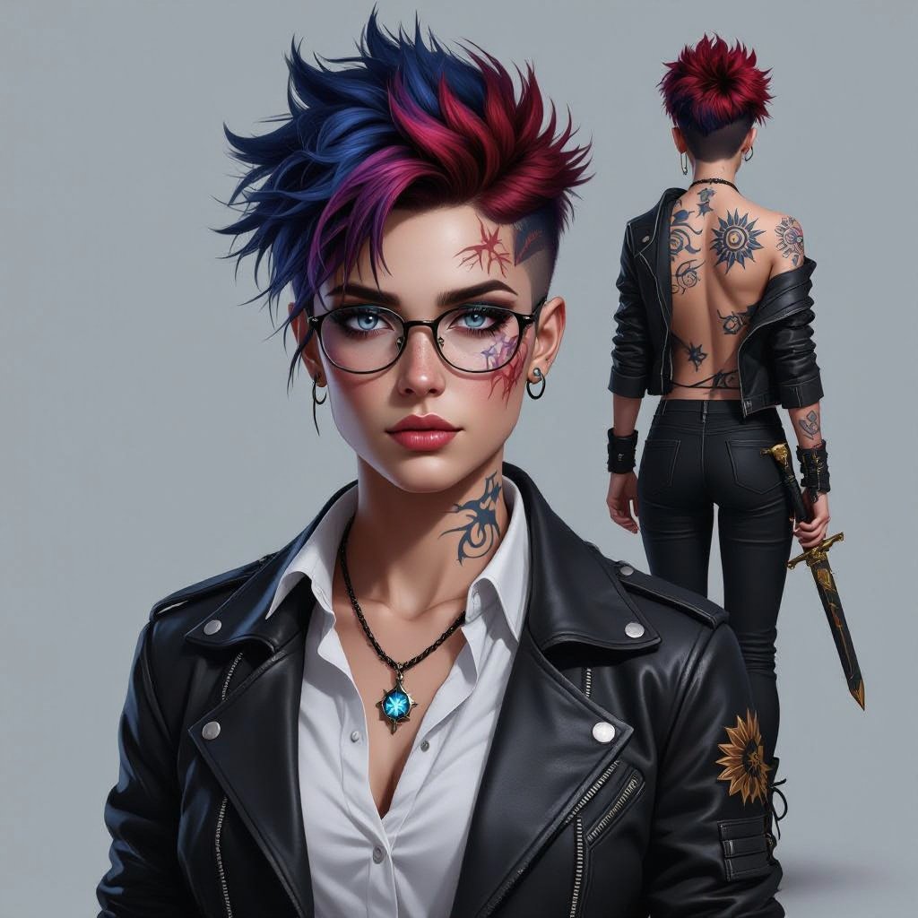 Hair: dark blue, red and at the tips it’s a dark dark purple, his hair is spiky. Eyes: are a mismatched one eye is a dark dark red almost the color of blood and the other is a light blue that’s the shade of the ocean. Facial feature: he has freckles scattered all across his face, he has birthmarks that are shaped like spirals on his cheeks, and he has a scar that starts at his right cheek just below his eye and it cuts across and stops at the top of his forehead. Other features: he has a huge back scar that cuts across his back and he covers the back scar with a tattoo of his fathers sword that is now his. The sword is very detailed and Yuri had the tattoo of the sword have flowers wrapping around the sword. Yuri has freckles on his shoulders and a little on his neck. Yuri has another tattoo on his wrist and it’s a small tattoo of a sword. Yuri has wrist scars all over his wrist, and he has a huge scar on his right arm that starts from his shoulder and stops at his elbow. Outfit: Yuri likes wearing black slacks that are very loose around his legs and a belt. He wears a white shirt that’s either sleeveless and compression or I just a white shirt that fits his body well. He wears - leather jacket that’s loose around his arms and it’s very easy to move in. Yuri has a necklace of a shard of glass that’s shaped almost like the sun and moon combined. Yuri would wear glasses from time to time but only when he reads. Yuir wears boots most of the time but he would change into regular shoes.