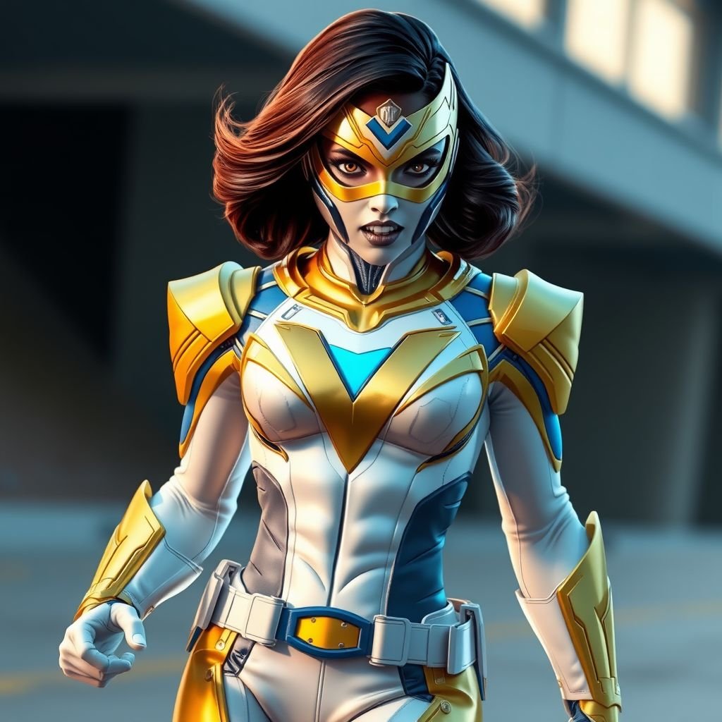 A teenage African American female with shoulder length hair  in a side part style superhero  wearing an armored MASK and a slightly armored white and gold suit with white pants and blue accents and a stylized V as her chest emblem a utility belt and gold boots