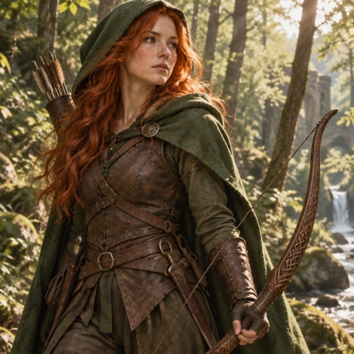 Dnd Female Fiery ginger ranger with long flowing hair