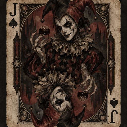 Jester holding a candy truffle on in a bicycle playing card style   