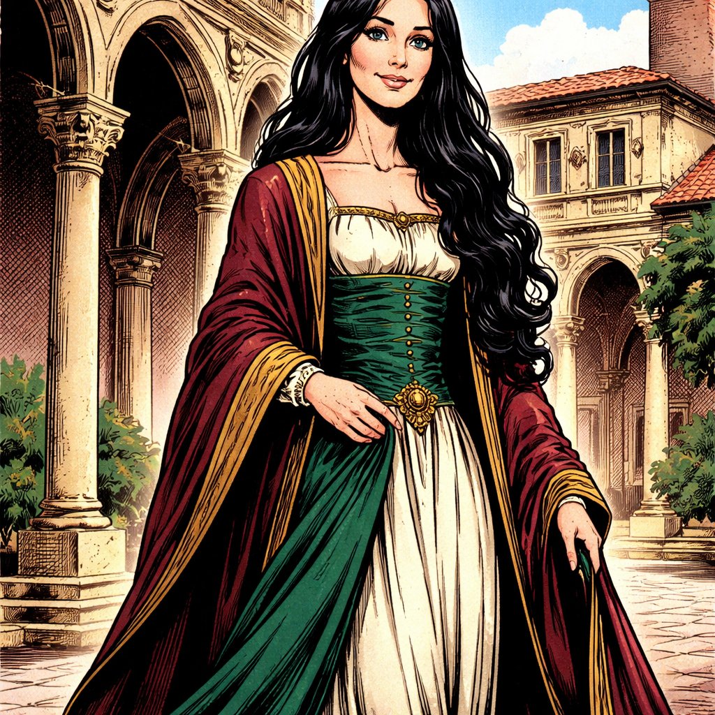 a slim tall modest woman with long black hair in renaissance robe.