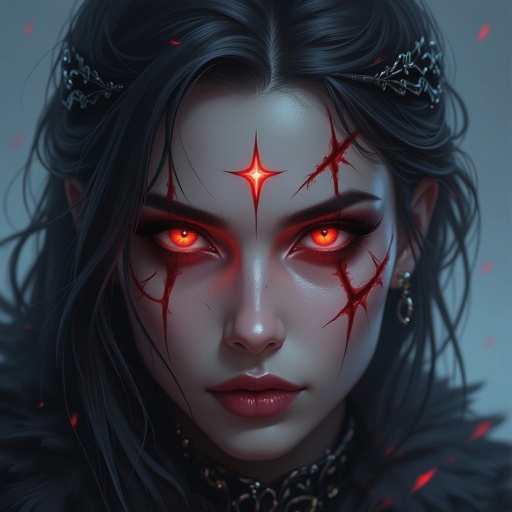 Blood red eyes with scars around them