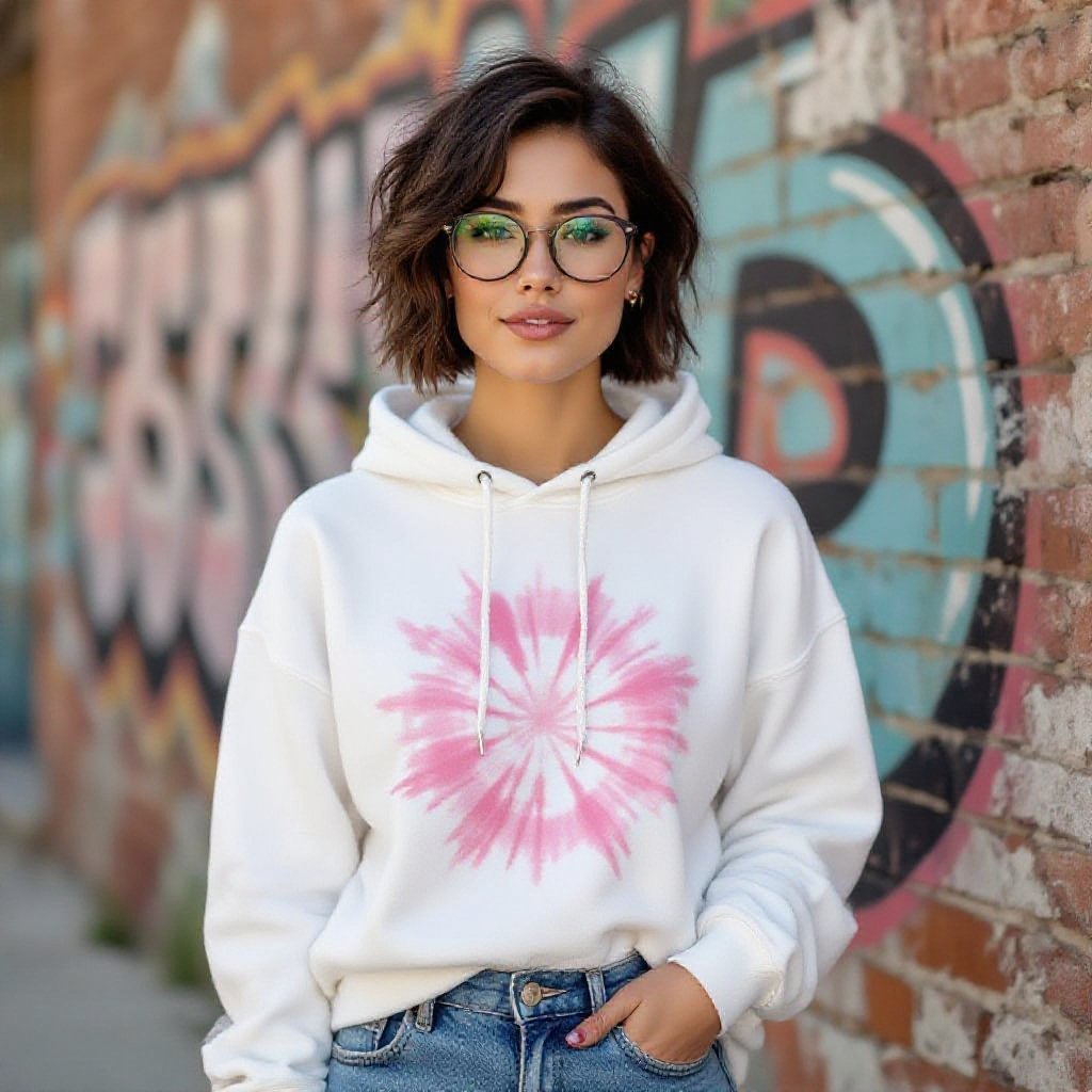 Eccentric non binary 20 year old In jeans a white Hoodie and an pink tye-dye t-shirt