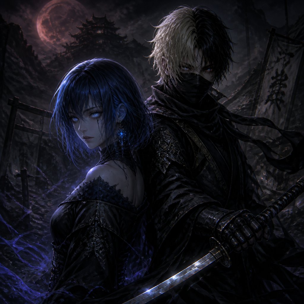 girl with long bob blue hair and half blonde black black hair man ninja
