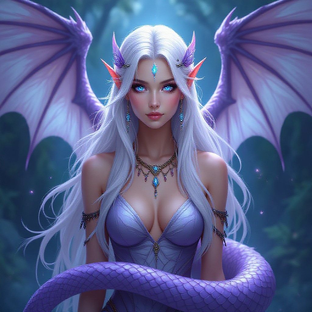 Winged naga with long white hair and bright blue eyes her tail is light purple 