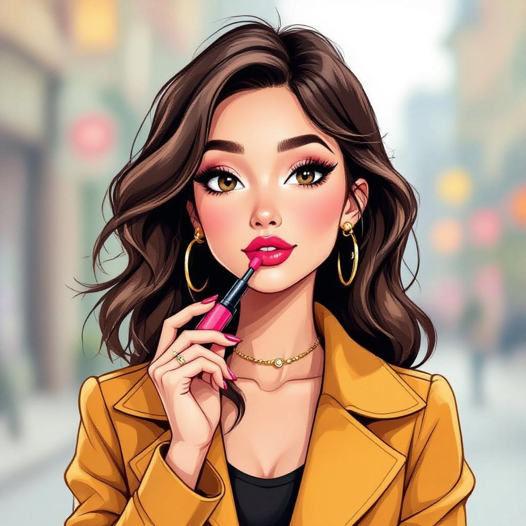 Create a character lady who has attitude but is funny looking  but about fashion and loves lipgloss 