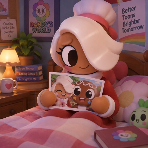 Ginger from Dandys world in her room holding a picture of her and her cousin Cosmo from Dandys world