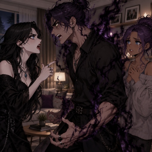 Three siblings, Female name Liz, oldest, tale, pale, beautiful, mysterious, black hair long curtain bangs style, bright blue eyes eyeliner liner, dark eye shadow, red lips, wearing jewelry, Anime style, Agent Ward male, middle child, made to be a weapon, highly skilled, emergency backup case he gets out of control, hair violet messy bun, clean shaven, night vision eyes no goggles, sharp teeth, dark power, tall, intimidating, he's used as an emergence backup weapon, Female Ann, youngest sibling, medium hight pale, tan, blue eyes, vivid purple dim hair in a messy bun her front hair is swooped down in her right side, all in the living room Liz and ward are angrily arguing wards power starts get a little out of control, Ann looking a little concerned tears in her eyes,Liz saying to ward that there parents would hate what ward is doing ward says there dead why does it matter I didn't choose to get these powers