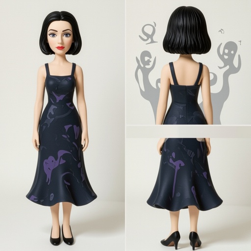 Show her shoes and entire body. Create mysterious woman jet-black hair is cut sharp to her jawline, and her violet eyes seem to pierce through darkness. A shadowy aura clings to her form, faint shapes shifting and flickering behind her like whispers of another realm. Show whole body head to toe