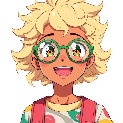 Brown skin , blondeish whiteish curly hair , round green glasses, smiling