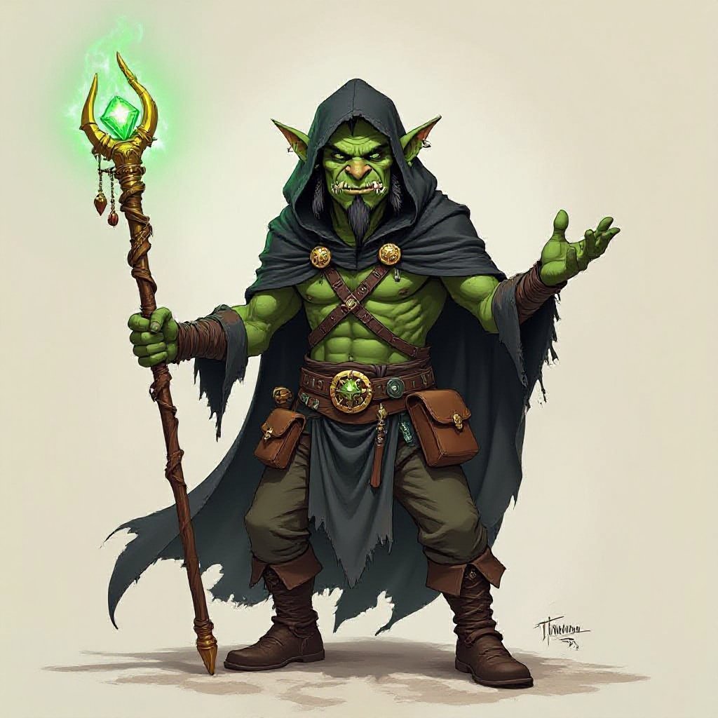 Realistic fantasy comic-book-style art. An ugly, thin and tall, but slouching orc, a thin face, with greenish-grey skin, black hair, a goatee, nose ring piercings, he wears a tattered black hood and cape. He is a dark magician/sorcerer, although very amateur. He carries odd trinkets and things that may be used for magic or spells in his belt pouches. He wields a long straight golden staff, that goes above his head, and at the tip of this staff is a bright green emerald, encircled by a ring of gold. He is posing, unique to his character, about to cast a spell, he is a trickster, smiling.