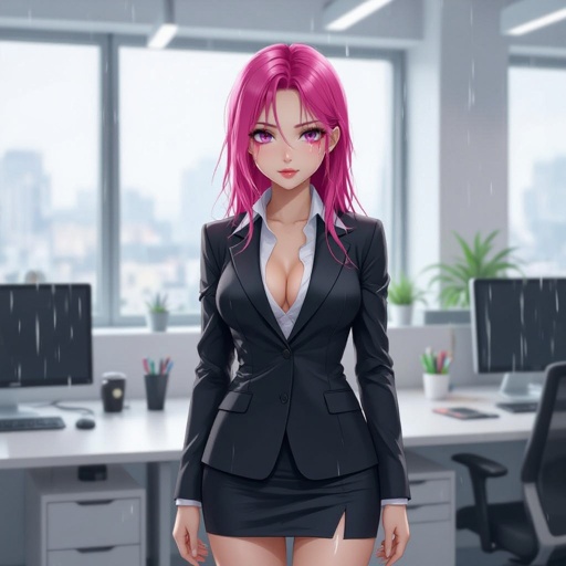 Slender Pink Haired Babe in a Hot Office Suit wet from rain