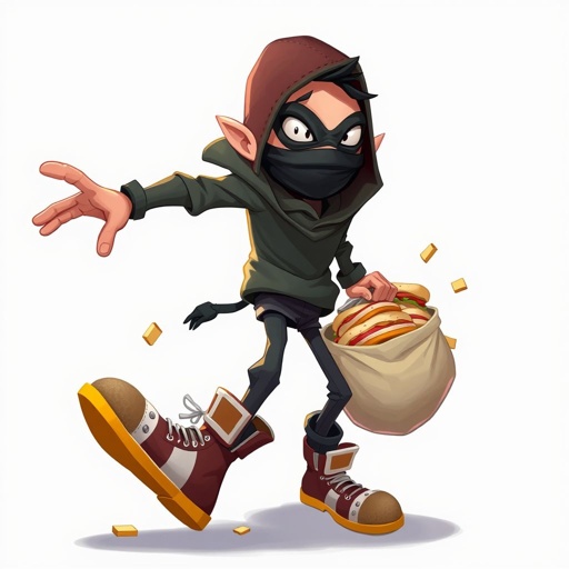Create a funny looking clumsy thief with funny shoes on. Make him have on the bandit black thing around his eyes. And wanted for stealing sandwiches 