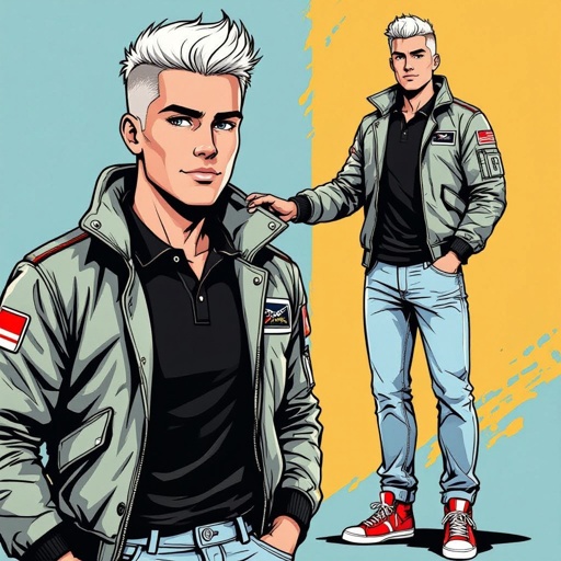 man with Platinum Blonde Buzzcut Hair.  Astronaut Flight Jacket Black And White Polo and Light blue denim jeans with red sneakers