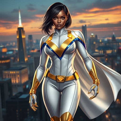 African American female superhero with hair  in a shoulder length side part hairstyle with pure Gold Glowing eyes wearing a white suit with gold and royal blue  with white pants and gold knee length boots with a utility belt with a gold V  as her chest emblem in Philadelphia 