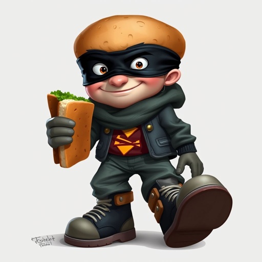 Create a funny looking clumsy sandwhich thief with funny shoes on. Make him have on the bandit black thing around his eyes 