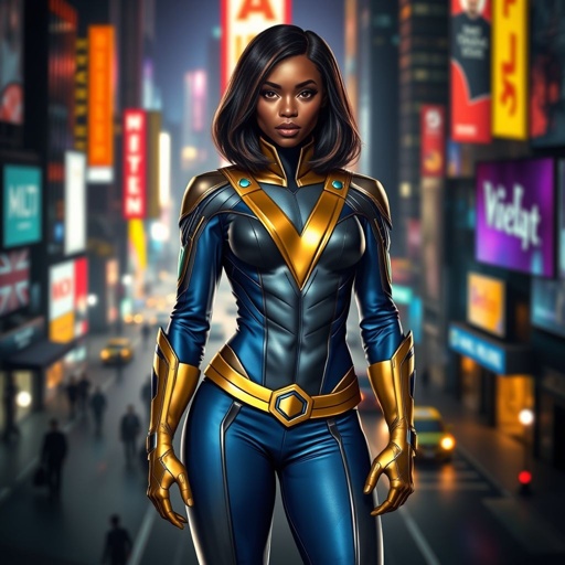 African American female superhero with shoulder length hair in a side part style wearing a gold grey and blue suit with blue pants and gold boots with a stylized V as her chest emblem standing in a city at night