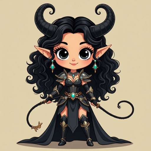 Tifling eldrich knight black eyes with long black curly hair, long curly horns , lots of jewelry, carrying a whip