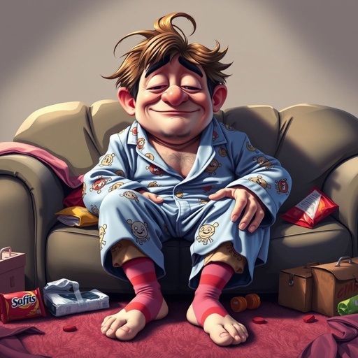 Create a adult humor character who is lazy as heck. And you could tell from his face and his entire outfit. Make is funny and the style of the graphic photographic