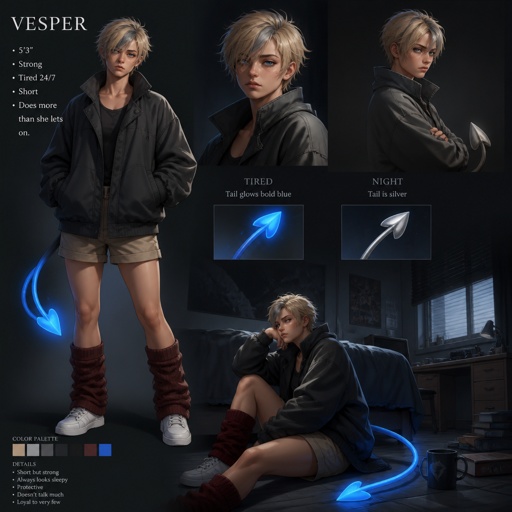 .  Name: Vesper Nickname: little grey or sleepy shortie. Appearance: she/they, they're 5'3, her appearance is short but they are strong for they're height. she has short blonde hair with a grey streak, has blue eyes and a silver shaped heart tip tail. She wears an oversized dark grey jacket, wears comfy beige shorts. And has dark maroon leg warmers, also she wears white shoes.  Personality: she is sweet and kind, but when they are hungry or tired they are an absolute menace, honestly. Literally is tired 24/7, and if someone tries to touch her tail or her friends. she will not hesitate, And it will not end well. Extra: when she is in a certain feeling her tail glows what shes feeling, for advanced if she was feeling tired it would glow a bold blue, in night it glows a silver glow. Like a personal feeling core, and perhaps her tail has a mind of its own when shes asleep or unconscious, her body also doesnt provide warmth so of course her tail tip is like a little heater.