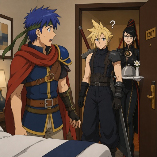 ike from super smash bros standing in a hotel room surprised , cloud strife from final fantasy 7 standing at the door confused at Bayonetta, Bayonetta from super smash bros standing behind cloud strife with room service