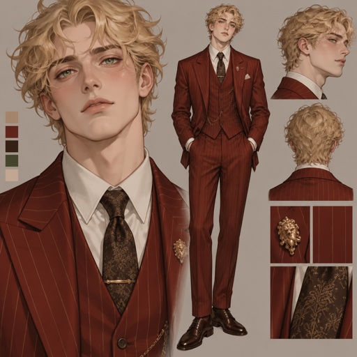 male blonde curly hair, green eyes, blush, red pinstripe suit