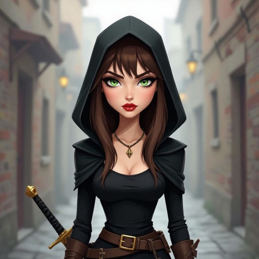 
A woman with long brown hair and light green eyes. She has bangs that cover one eye, an emo-style fringe that covers the entire eye. She has a chubby, round face. Pale skin. Delicate beauty. Thin lips. She is dressed in black pants and a black turtleneck. She wears a belt with a dagger. A long sword hangs on her back. In her hand, she holds a short sword. She wears a black cape and a large hood over her head. Around her neck, she wears a necklace with a shimmering amber. The woman looks menacing. A dark alley, a dark atmosphere. A few lights. Fog. Dark.

Breasts covered. Dark. Fog. Black.