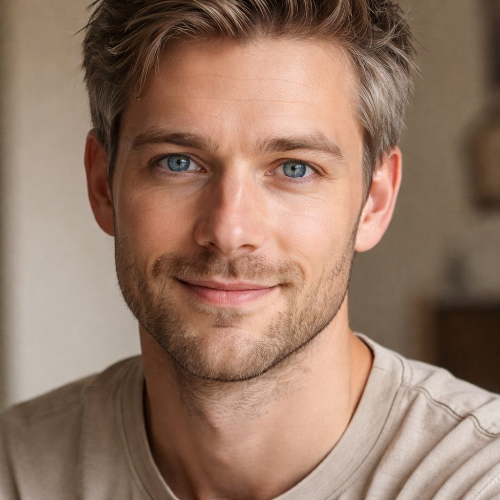 A 33 year old man who has light brown hair that is fading into a light gray and light blue eyes. He has a warm smile.