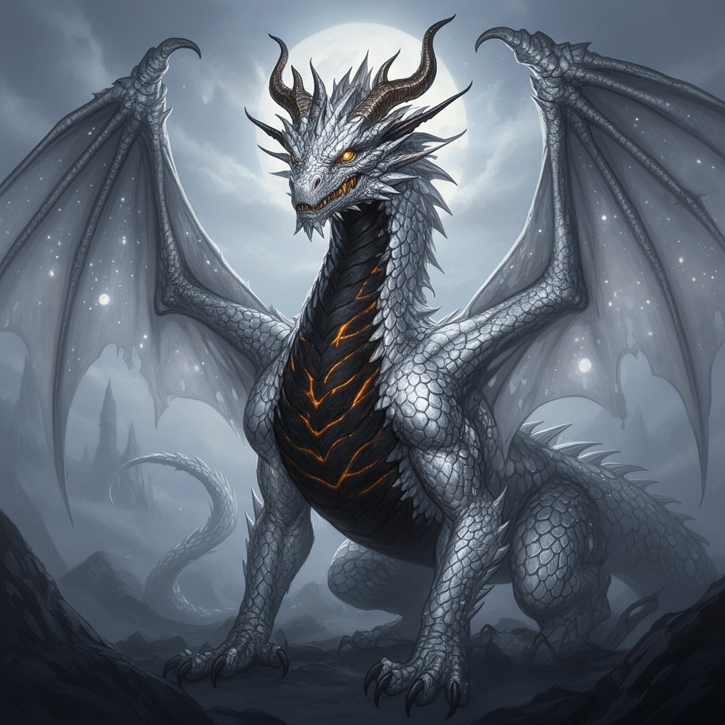 Silver dragon. Wyvern. Molten bronze eyes. Black belly. Horned head.
